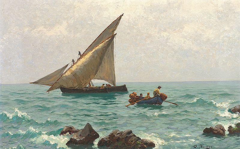 Julius Ludwig Friedrich Runge Morgenstimmung an der Adria mit Fischerbooten und Langustenfischern. Im Vordergrund felsige Kuste. oil painting image
